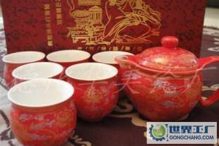 喜庆红牡丹 头双层杯茶具，德化礼瓷中的功夫茶艺精品
